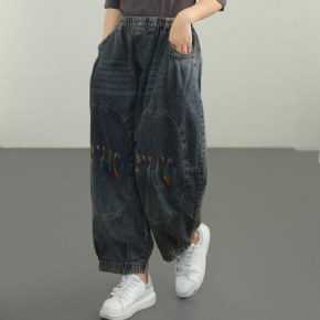 Pantalon En Denim De Coton Brodé De Mots D'automne Grande Taille