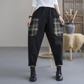 Pantalon En Denim De Coton Décontracté Avec Poches À Carreaux D'automne Vintage