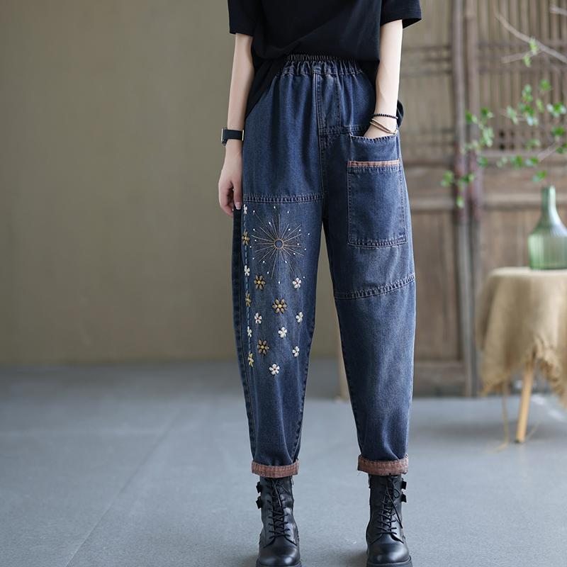 Pantalon En Denim De Coton Décontracté Rétro À Broderie Florale