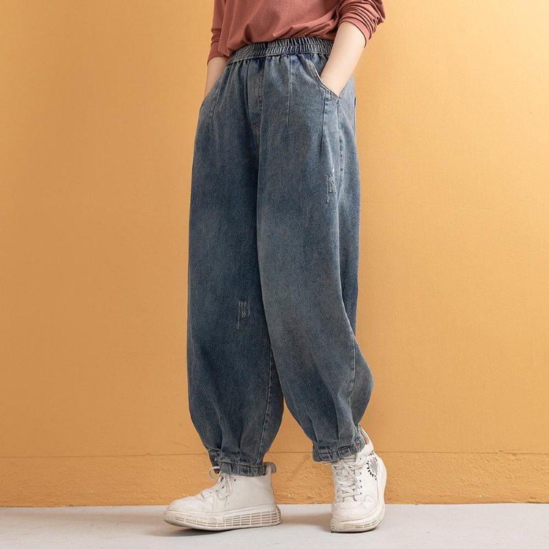 Pantalon En Denim De Coton Décontracté Sarouel Rétro Grande Taille