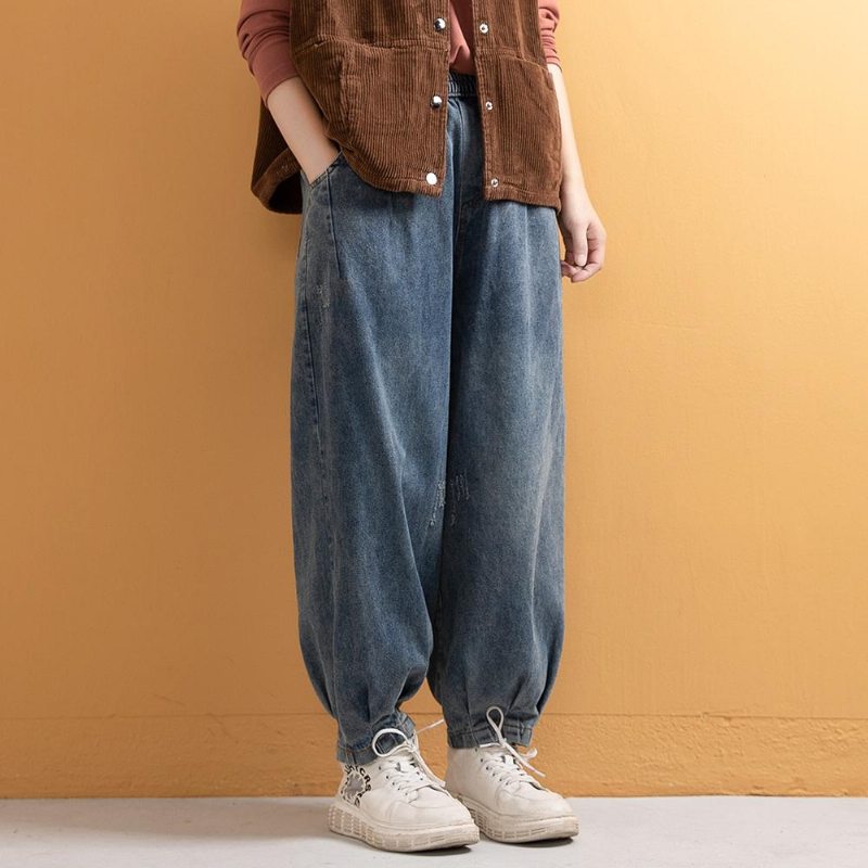 Pantalon En Denim De Coton Décontracté Sarouel Rétro Grande Taille