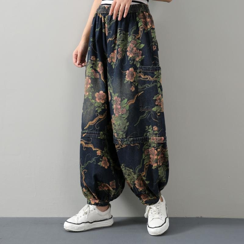 Pantalon En Denim De Coton À Imprimé Floral Rétro Pour Femme