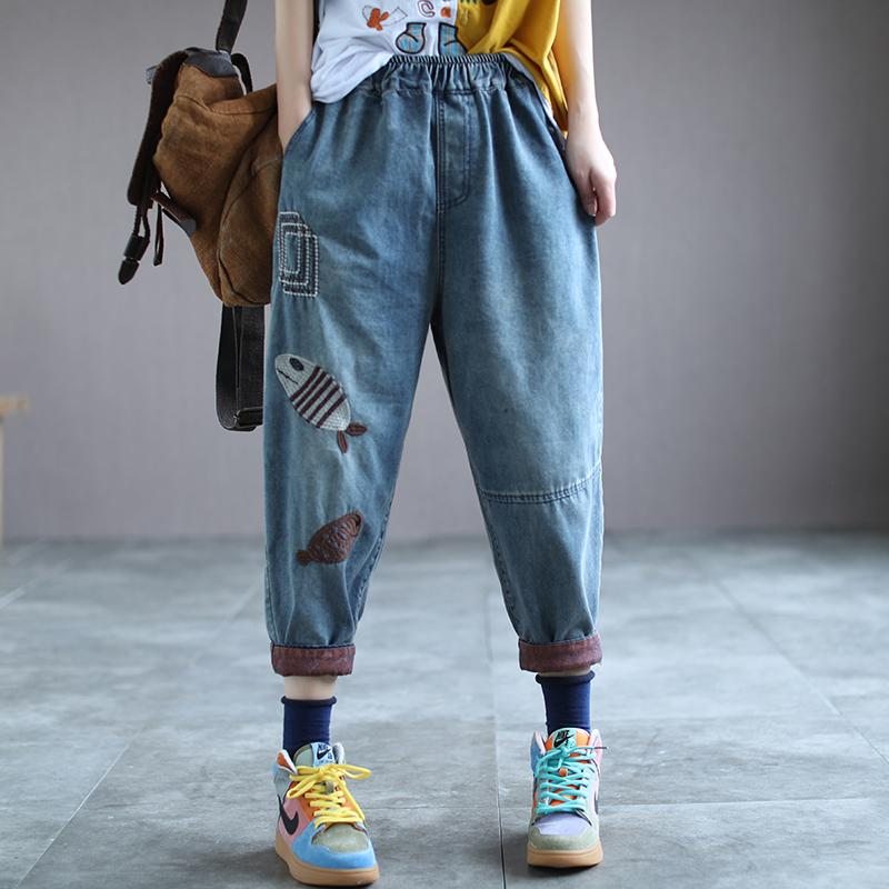 Pantalon En Denim Hallen Brodé De Poissons Rétro