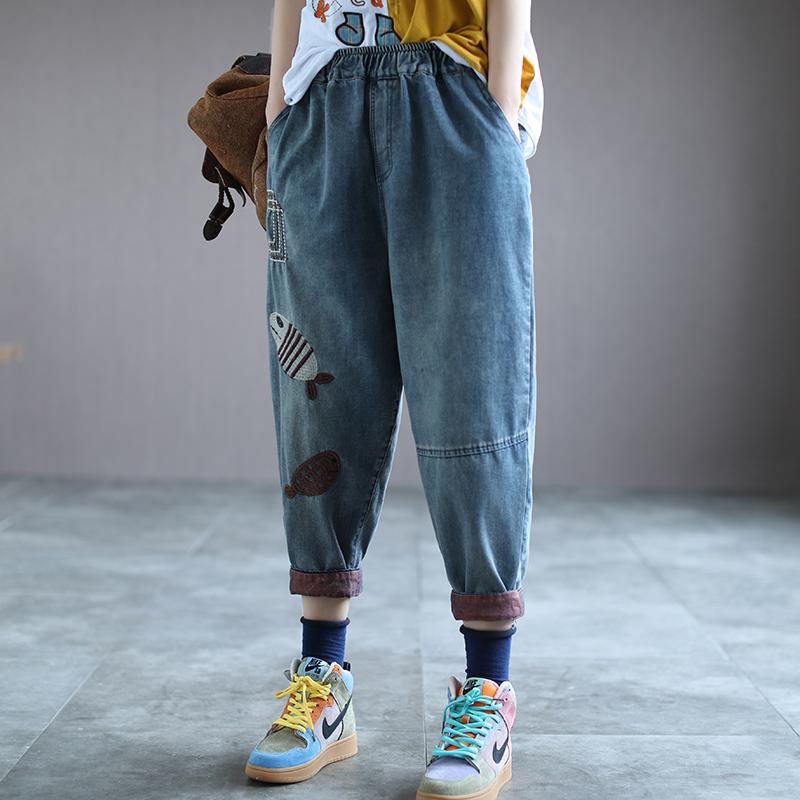 Pantalon En Denim Hallen Brodé De Poissons Rétro