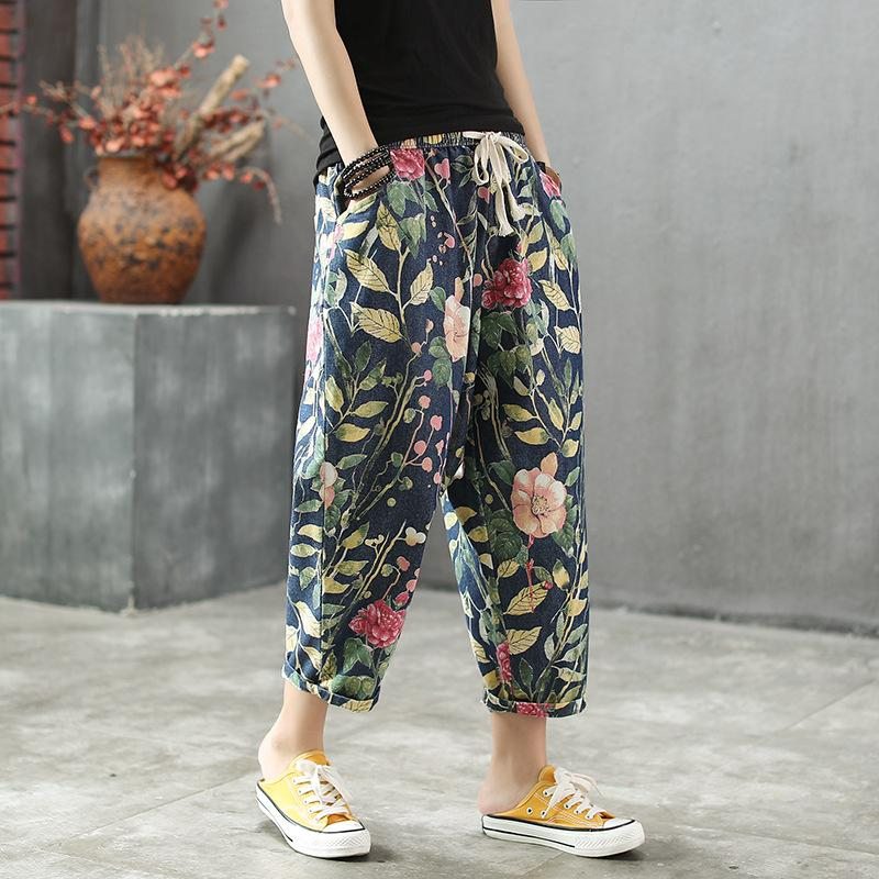 Pantalon En Denim Hallen À Imprimé Floral Ample Printemps-été