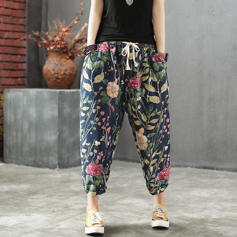 Pantalon En Denim Hallen À Imprimé Floral Ample Printemps-été