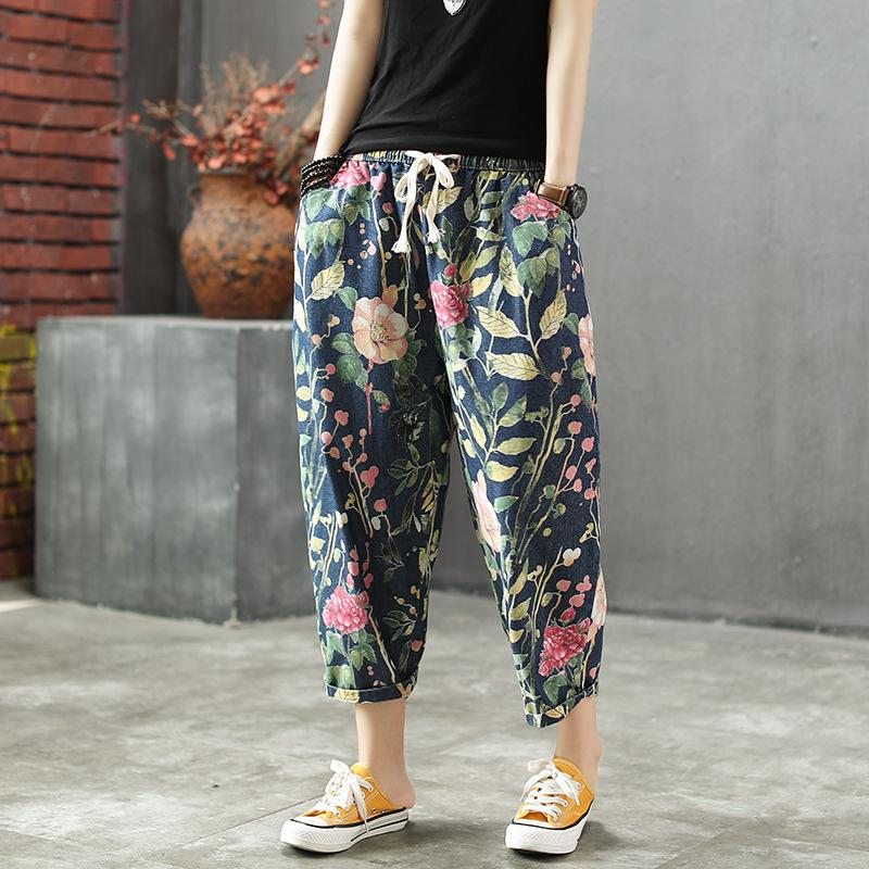 Pantalon En Denim Hallen À Imprimé Floral Ample Printemps-été