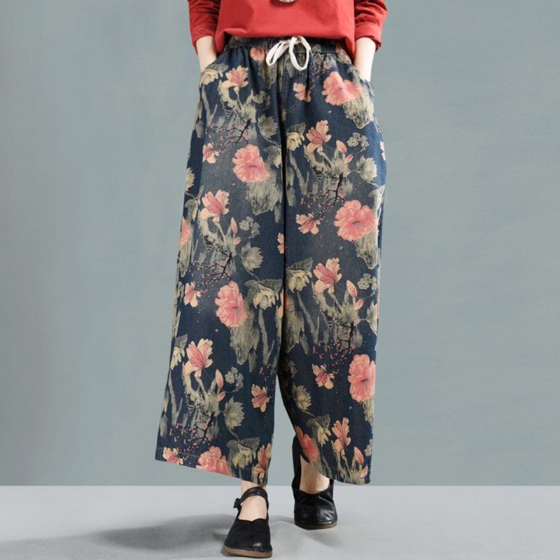 Pantalon En Denim À Jambe Large Et À Fleurs