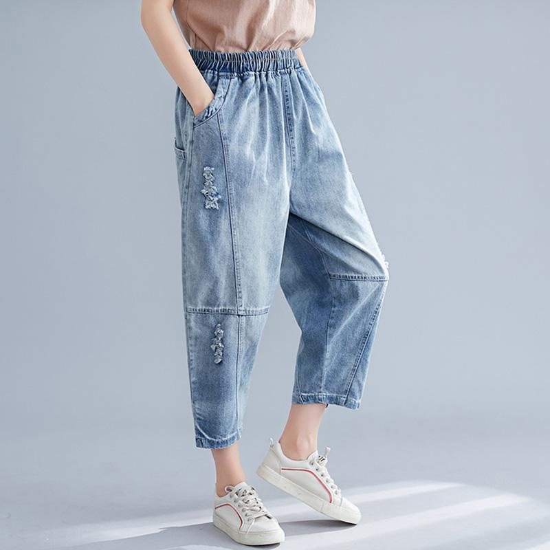 Pantalon En Denim Mince Élastique Grande Taille Pour Femme