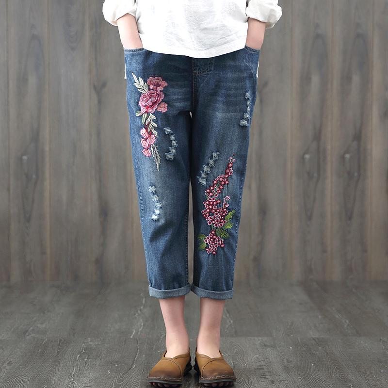 Pantalon En Denim Rétro Lâche Ethnique Brodé De Style Chinois