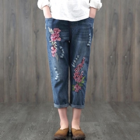 Pantalon En Denim Rétro Lâche Ethnique Brodé De Style Chinois