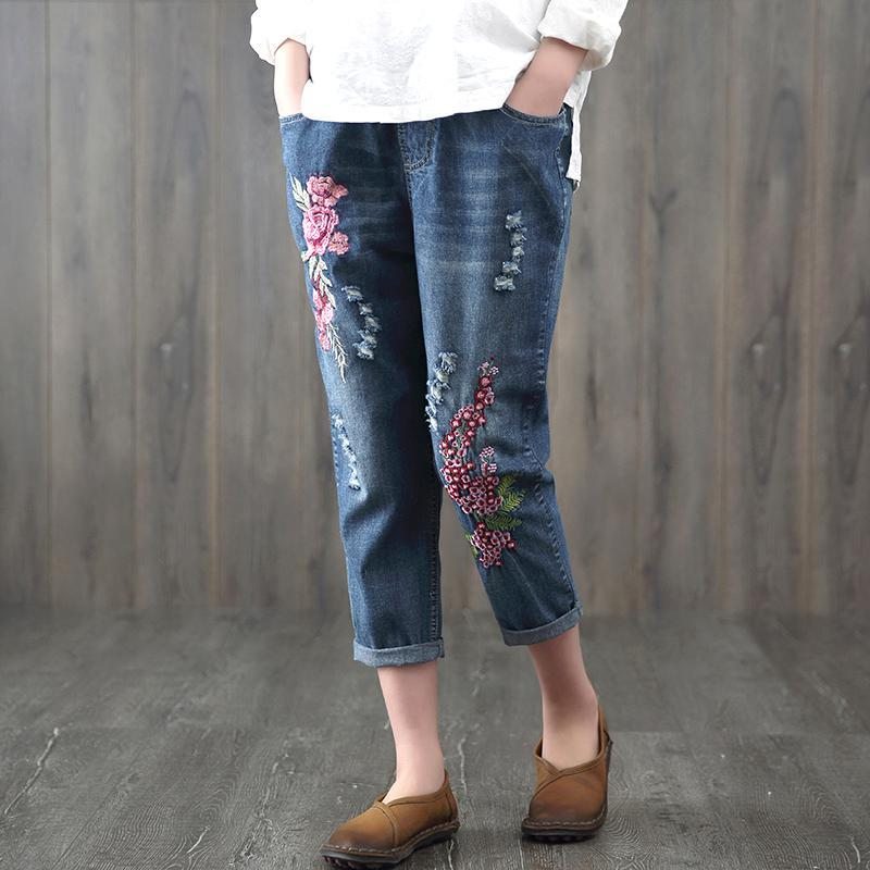 Pantalon En Denim Rétro Lâche Ethnique Brodé De Style Chinois