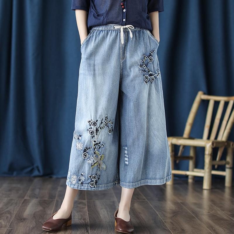 Pantalon Large Brodé En Jean Rétro