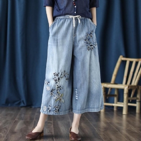 Pantalon Large Brodé En Jean Rétro