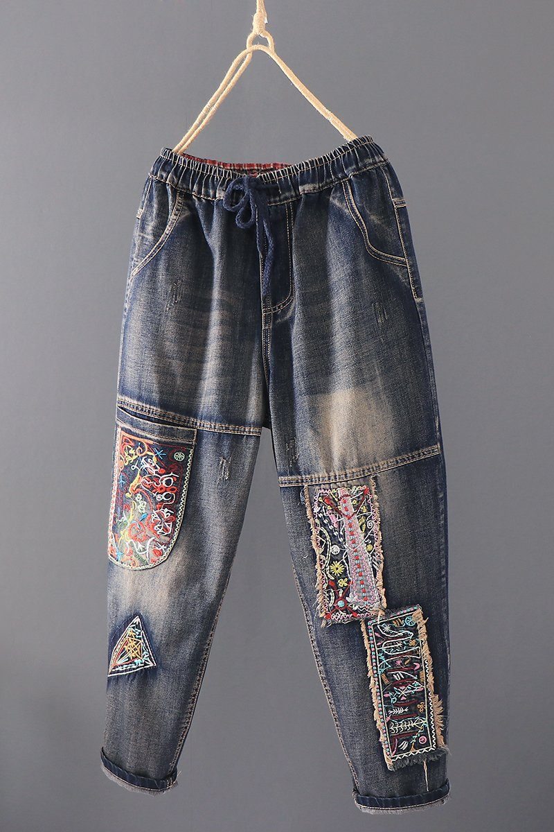 Patch Retro Loose Casual Straight Denim Pants