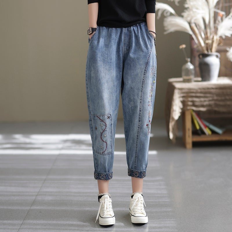 Printemps Casual Loose Retro Splicing Broderie Harem Jeans