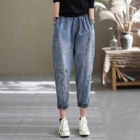 Printemps Casual Loose Retro Splicing Broderie Harem Jeans