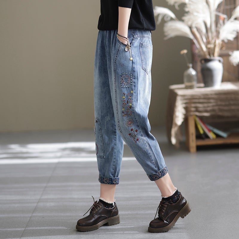 Printemps Casual Loose Retro Splicing Broderie Harem Jeans