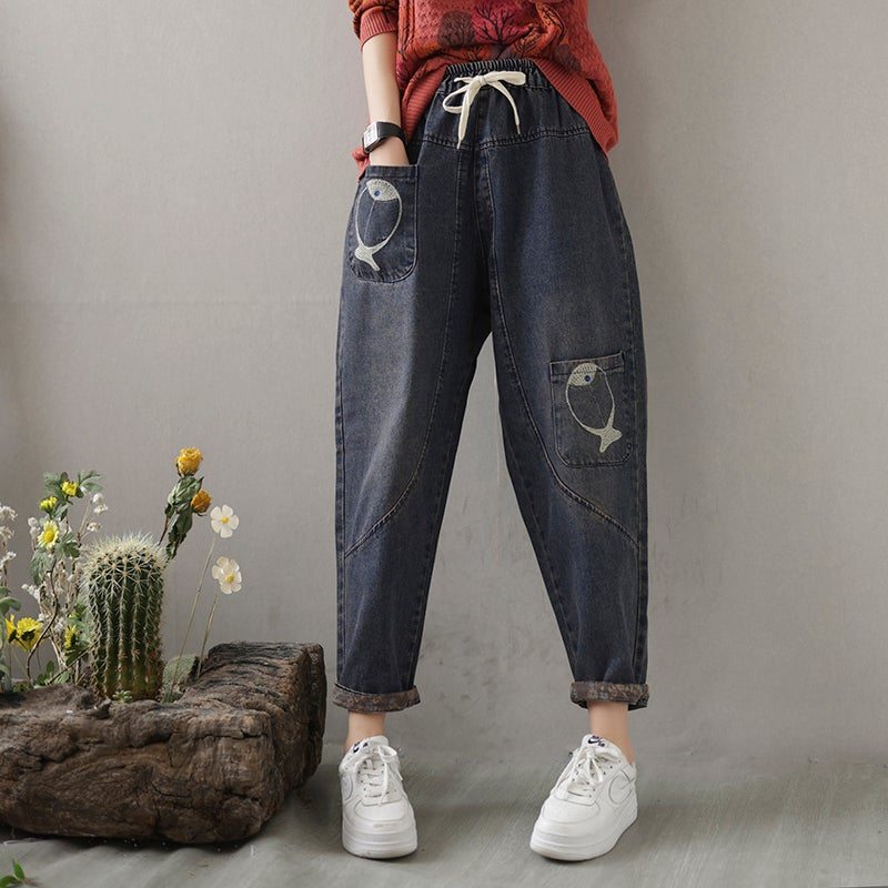 Printemps Femmes Poisson Broderie Patchwork Jeans