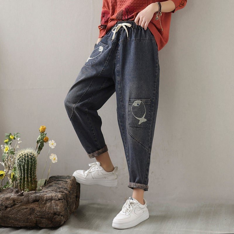 Printemps Femmes Poisson Broderie Patchwork Jeans