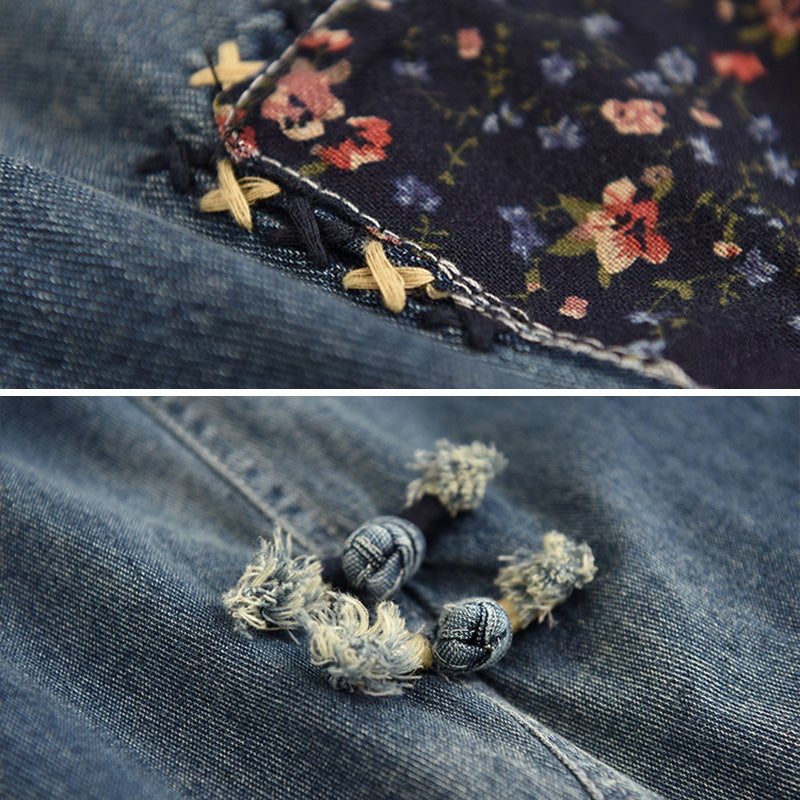 Printemps Femmes Rétro Broderie Lâche Coton Jeans