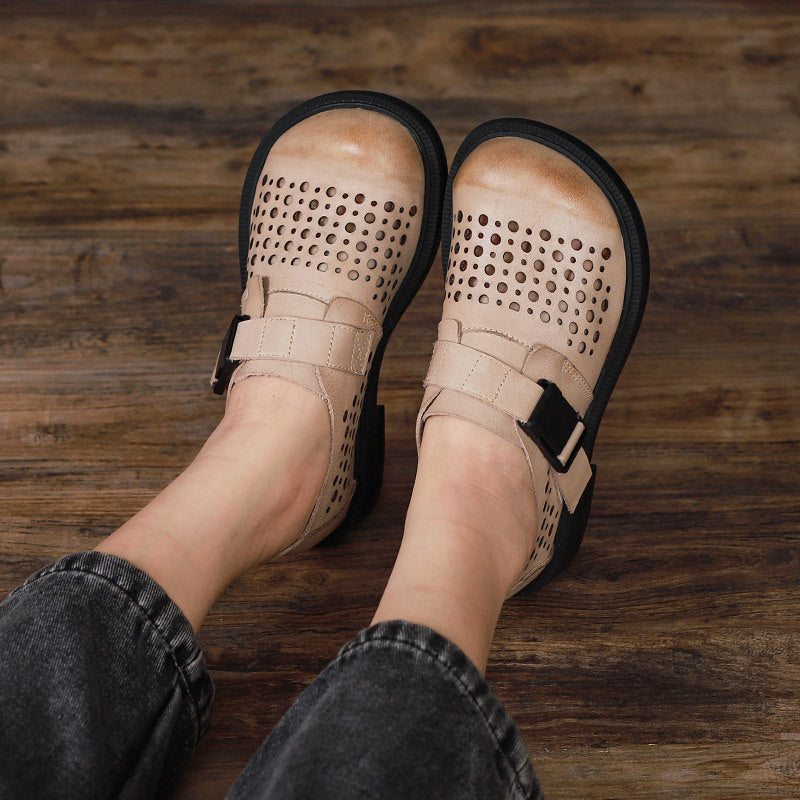 Chaussures Décontractées Creuses En Cuir Rétro Pour Femmes