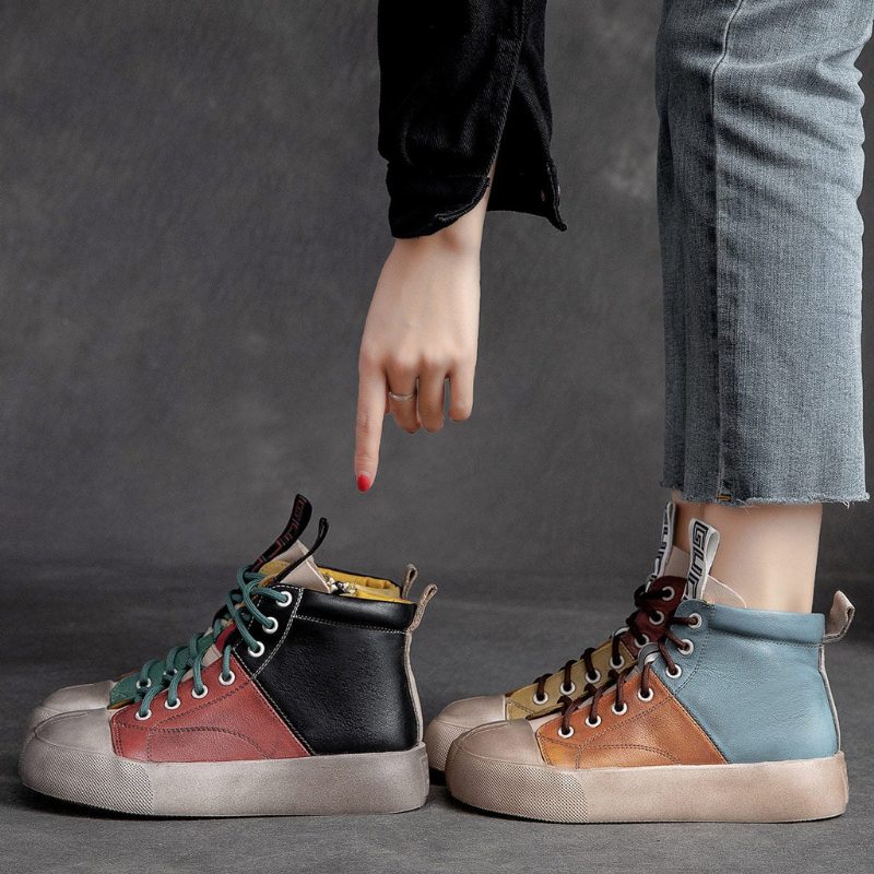 Chaussures Décontractées En Cuir Assorties Aux Couleurs Rétro Pour Femmes