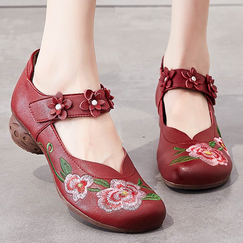 Chaussures Décontractées En Cuir À Broderie Florale Vintage Pour Femmes