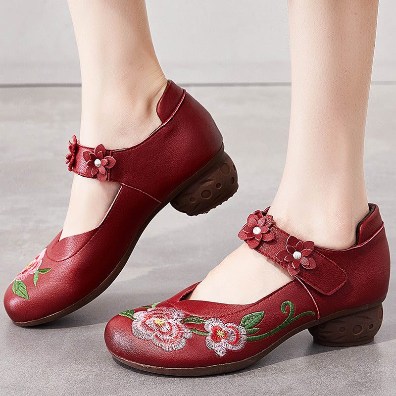 Chaussures Décontractées En Cuir À Broderie Florale Vintage Pour Femmes