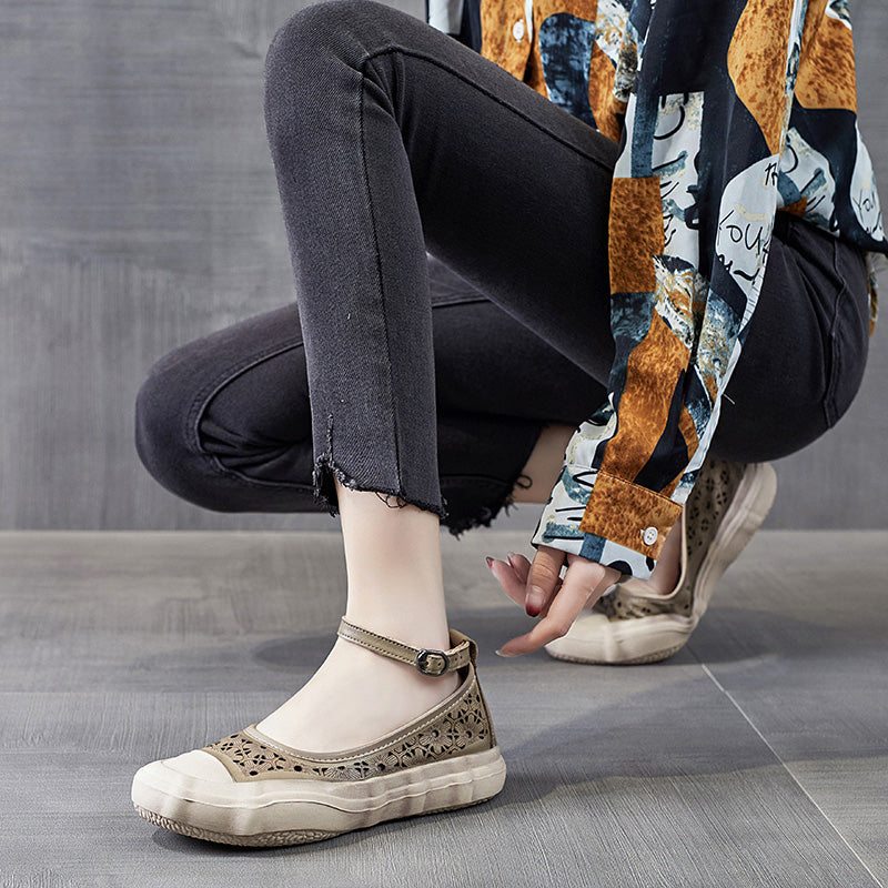 Chaussures Décontractées En Cuir Souple Creux Pour Femmes D'été