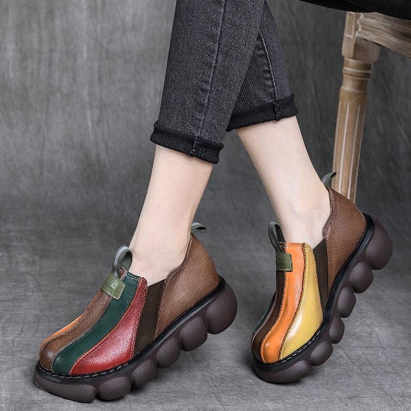 Chaussures Décontractées Ethniques Arc-en-ciel En Cuir Faites À La Main Pour Femmes