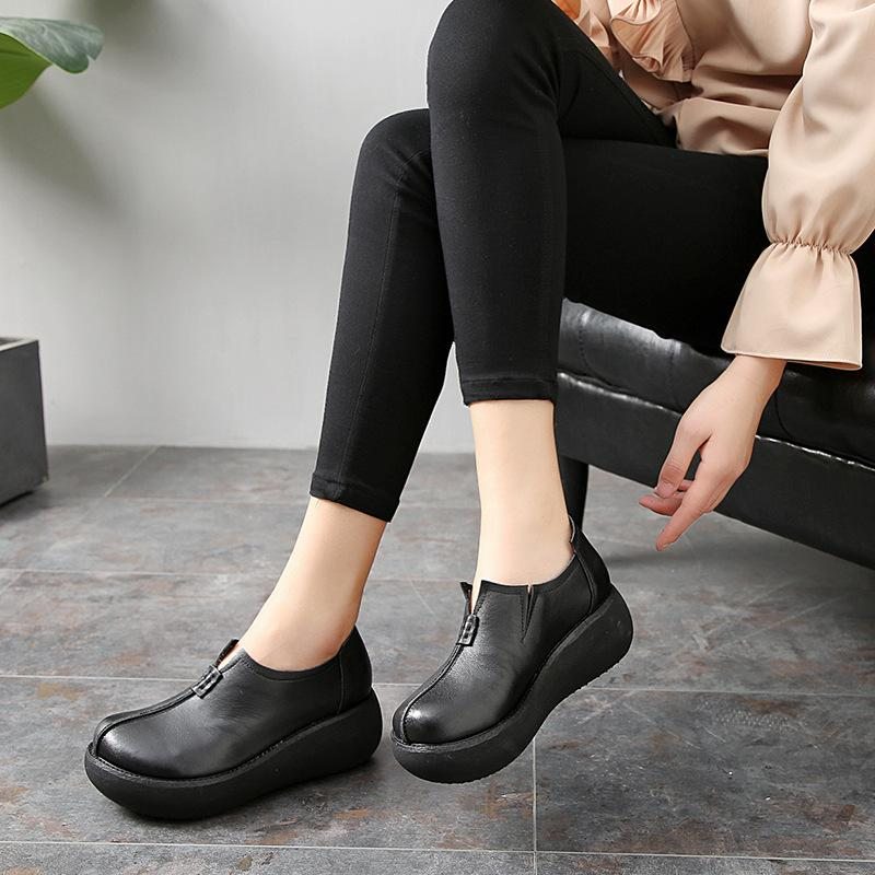 Chaussures Décontractées Faites À La Main Avec Plateforme En Cuir Rétro Pour Femmes