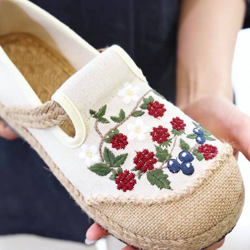 Chaussures Décontractées En Lin À Broderie Florale Rétro Pour Femmes