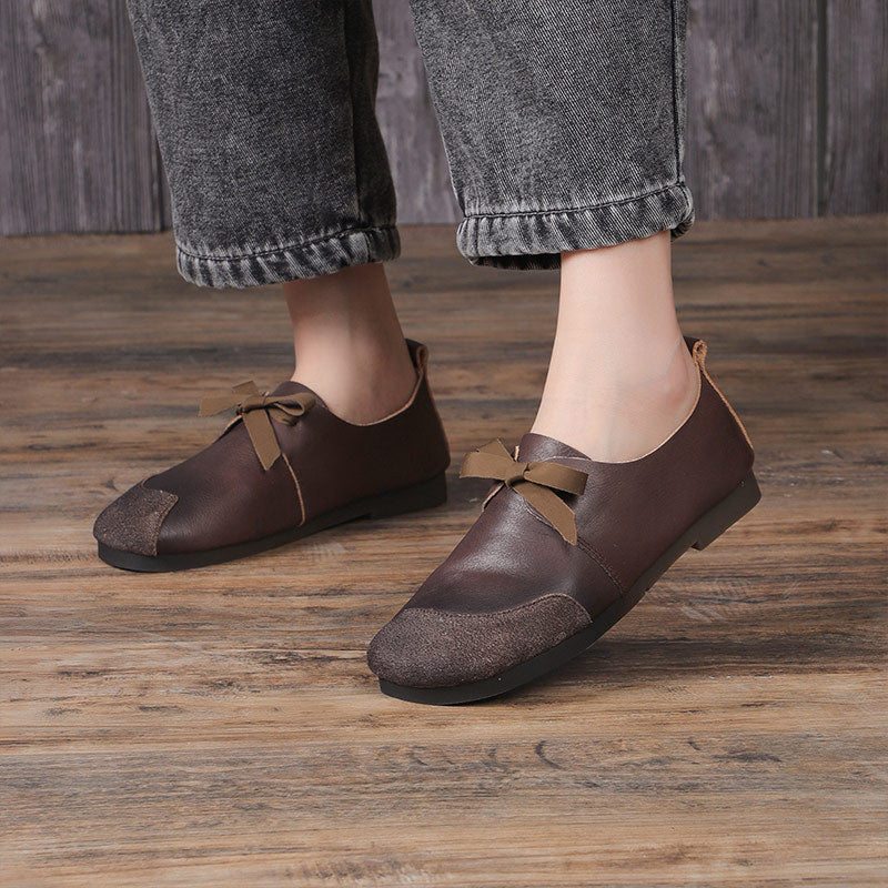 Femmes Printemps Vintage En Cuir Souple Bowknot Casual Chaussures