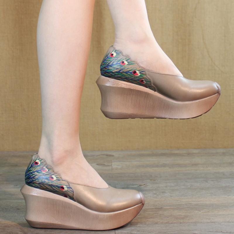 Femmes Wedge Peacock Tail Print Couture Casual Chaussures