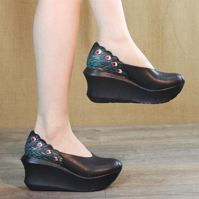 Femmes Wedge Peacock Tail Print Couture Casual Chaussures