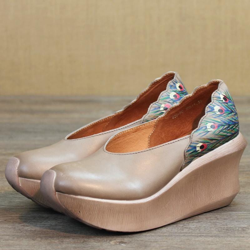 Femmes Wedge Peacock Tail Print Couture Casual Chaussures