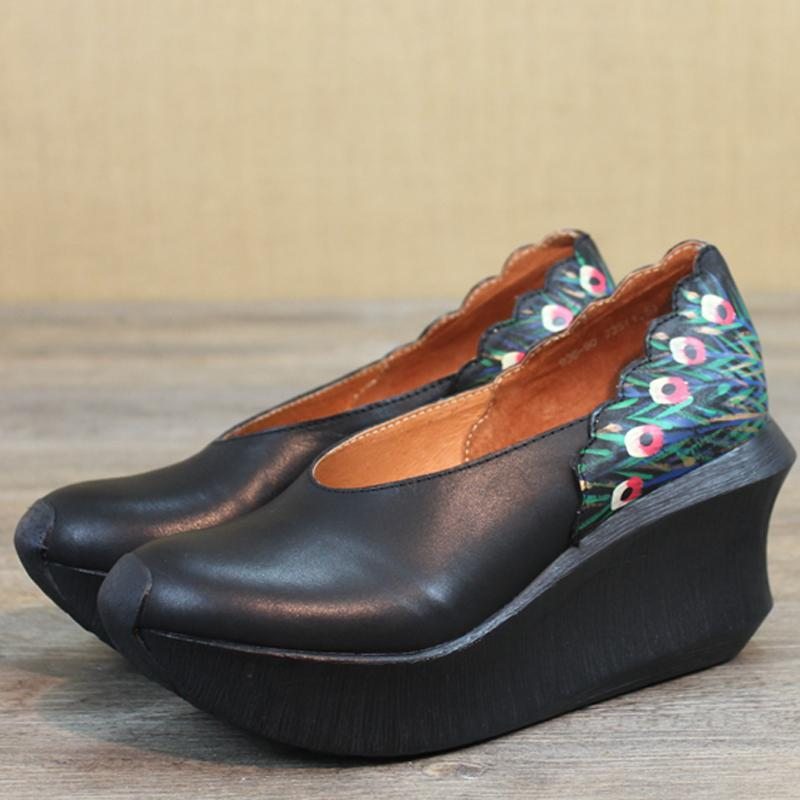 Femmes Wedge Peacock Tail Print Couture Casual Chaussures