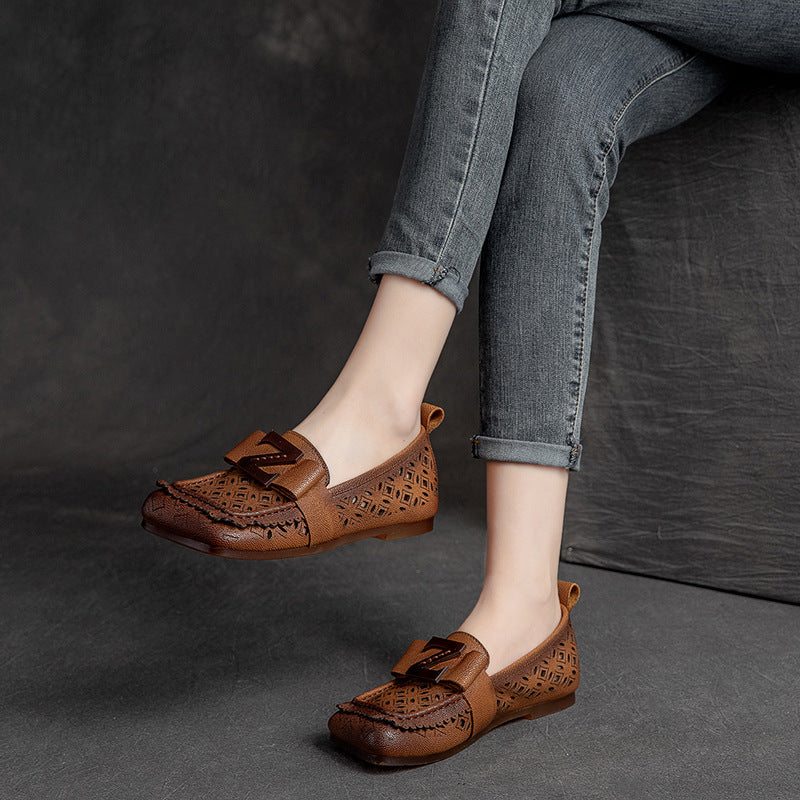 Mocassins Décontractés Plats En Cuir Creux Vintage D'été