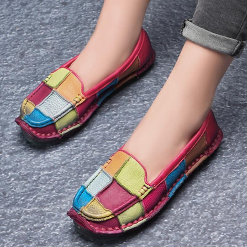 Mocassins Plats En Cuir À Carreaux Multicolores Rétro Faits À La Main