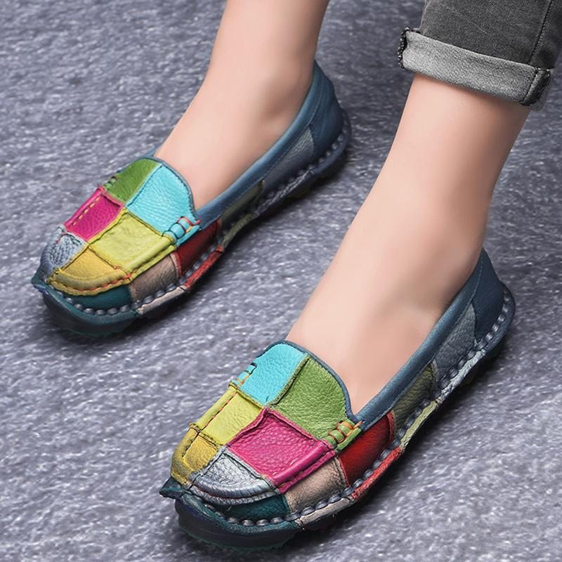 Mocassins Plats En Cuir À Carreaux Multicolores Rétro Faits À La Main