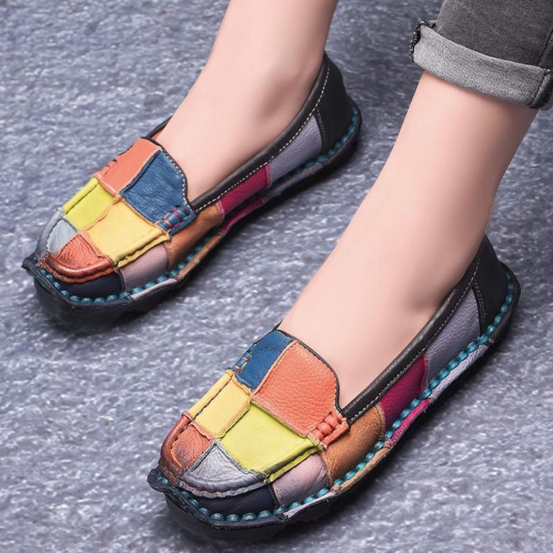 Mocassins Plats En Cuir À Carreaux Multicolores Rétro Faits À La Main