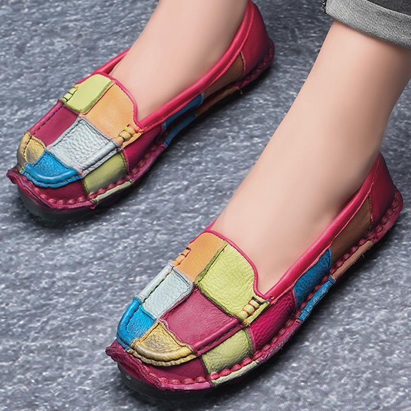 Mocassins Plats En Cuir À Carreaux Multicolores Rétro Faits À La Main