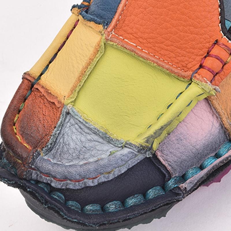 Mocassins Plats En Cuir À Carreaux Multicolores Rétro Faits À La Main