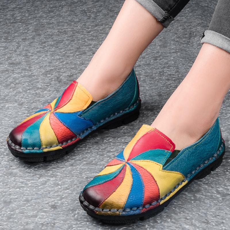 Mocassins Plats En Cuir Rétro Multi-couleurs À Enfiler Faits À La Main