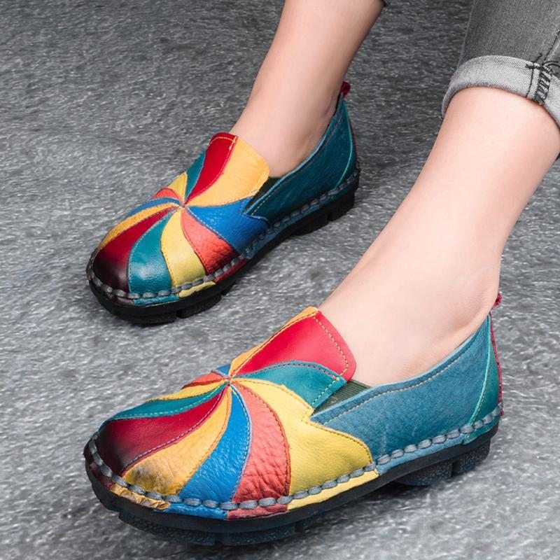 Mocassins Plats En Cuir Rétro Multi-couleurs À Enfiler Faits À La Main