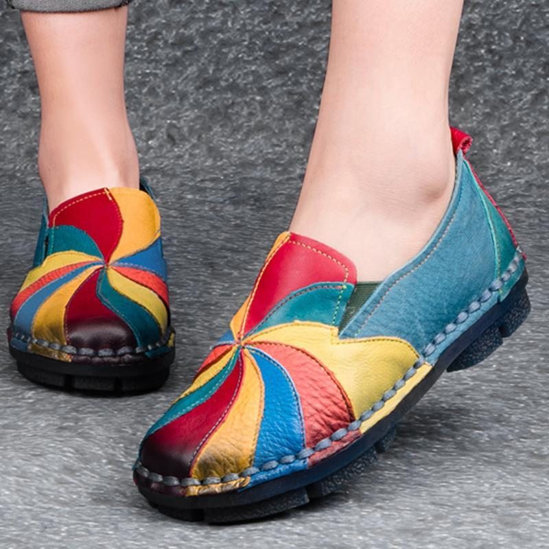 Mocassins Plats En Cuir Rétro Multi-couleurs À Enfiler Faits À La Main