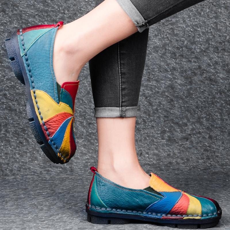 Mocassins Plats En Cuir Rétro Multi-couleurs À Enfiler Faits À La Main