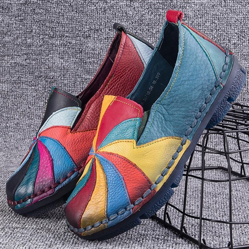 Mocassins Plats En Cuir Rétro Multi-couleurs À Enfiler Faits À La Main