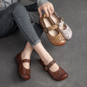 Mocassins Plats Décontractés En Cuir Creux Vintage Pour Femmes